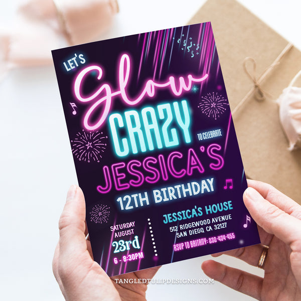 Neon Glow in the Dark Party Invitation for Girls