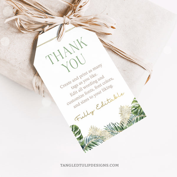 Editable favor gift tags feature tropical leaves and elegant gold pineapples. These tags are the perfect finishing touch for any event, whether it's a birthday party, bridal shower, retirement celebration, or any other special occasion. With two designs provided, you can effortlessly add a tropical touch to your event decor. Instant Download and Editable in Corjl. By Tangled Tulip Designs.