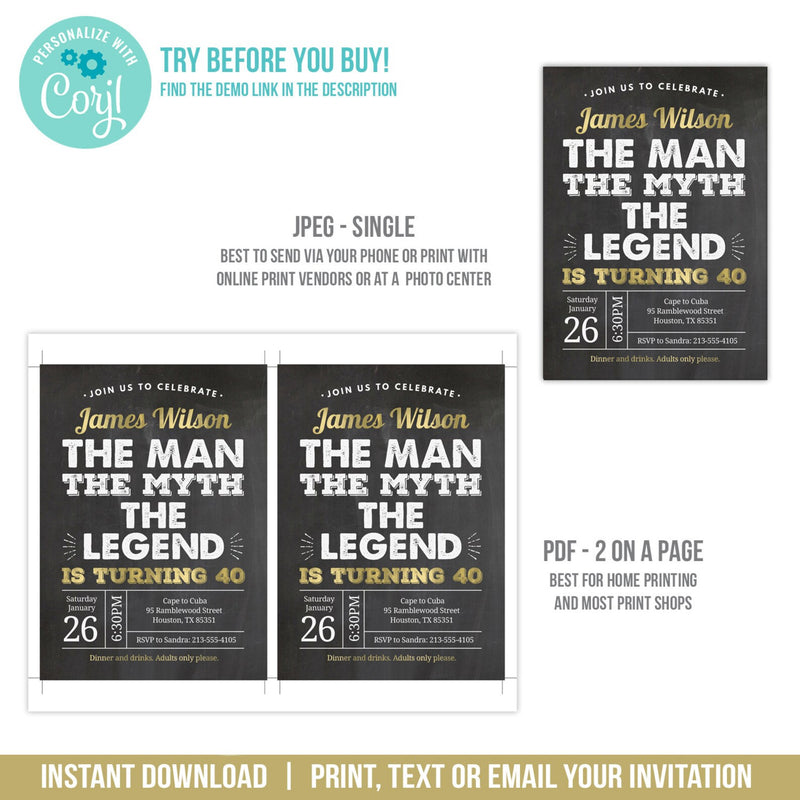 Editable The Man The Myth The Legend Birthday Invitation, Digital Party Invite for Any Age