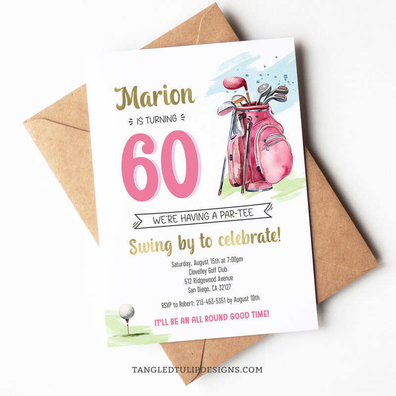 A woman golfer 60th Birthday invitation for her golf themed birthday party. Featuring a pink golf bag and golf ball on the tee. Editable invitation template.