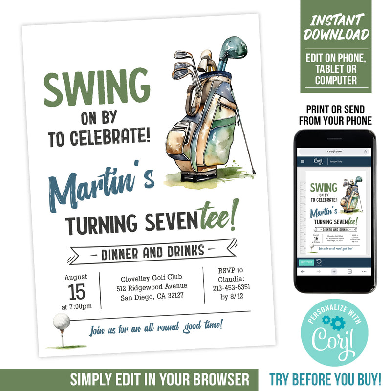 Editable Golf 70th Birthday Invitation Template, Golfer Theme Party Digital Invite for any age