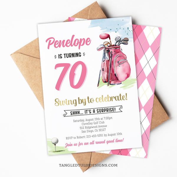 An editable Golfer 70th Birthday invitation for a woman celebrating with a golf themed surprise party. Featuring a pink golf bag and golf ball on the tee.