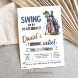 A golf surprise 60th Birthday invitation for a man, with a golf bag and golf ball on the tee. Perfect for a golfer's 60th surprise party!