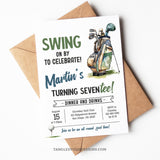 A golf themed 70th Birthday invitation for a man who loves his golf! This fully editable invitation features a golf bag and golf ball on the tee. Perfect for your golfer's 70th birthday party.