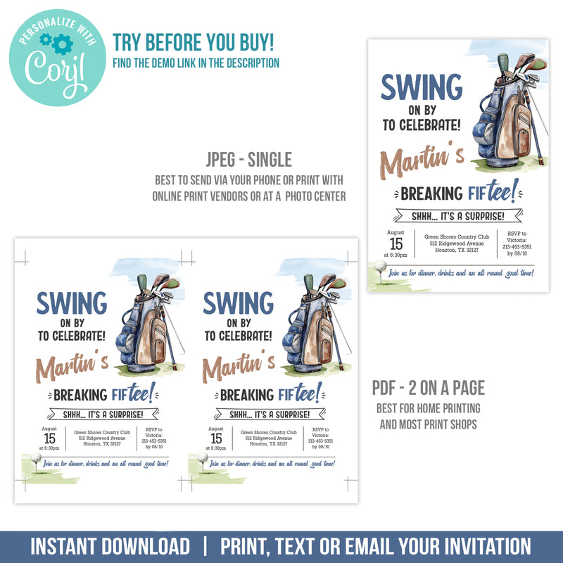 Editable Golf Surprise 50th Birthday Invitation, Man Golf Theme Party Digital Invite