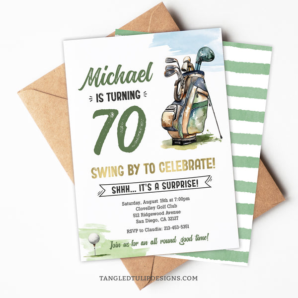 Golf Birthday Invitation Template with a golf bag and green and gold color scheme. Fully Editable.