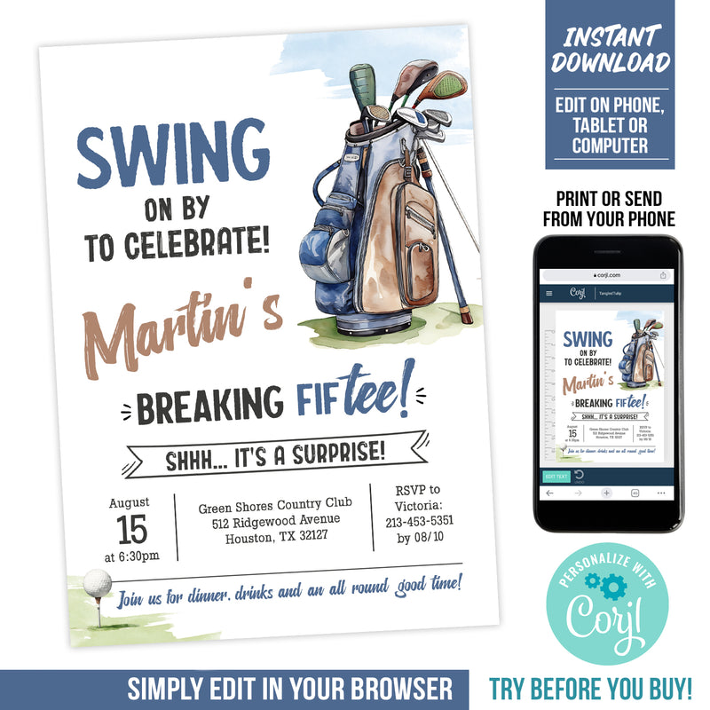 Editable Golf Surprise 50th Birthday Invitation, Man Golf Theme Party Digital Invite