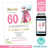 Editable Woman Golfer 60th Birthday Invitation Template, Golf Theme Digital Party Invite