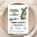 A golf themed 70th Birthday invitation for a man who loves his golf! This fully editable invitation features a golf bag and golf ball on the tee. Perfect for your golfer's 70th birthday party.