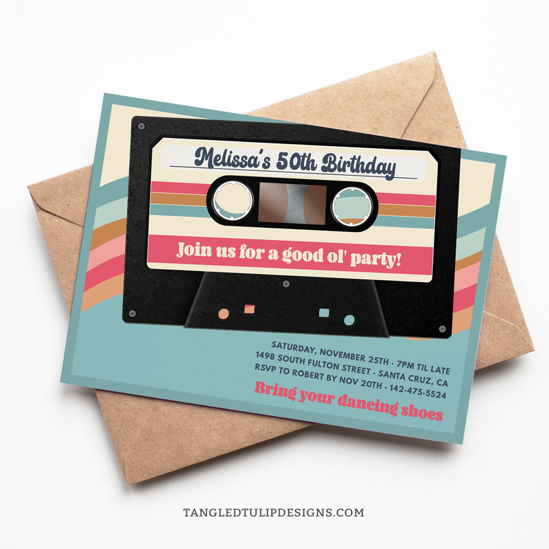 A retro cassette tape 50th Birthday invitation for a woman having a "good ol' party" to celebrate her birthday. Featuring a vintage mixtape. Edit in Corjl. By Tangled Tulip Designs. 