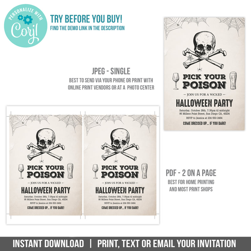 Editable Halloween Party Invitation Template - Pick Your Poison