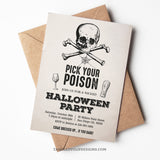 A Halloween party invitation template for adults - Pick Your Poison and get ready for a wicked Halloween Party. Featuring a creepy skull and crossbones with spiderwebs. Template to Edit in Corjl. By Tangled Tulip Designs.