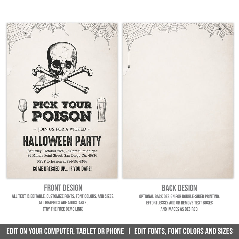 Editable Halloween Party Invitation Template - Pick Your Poison