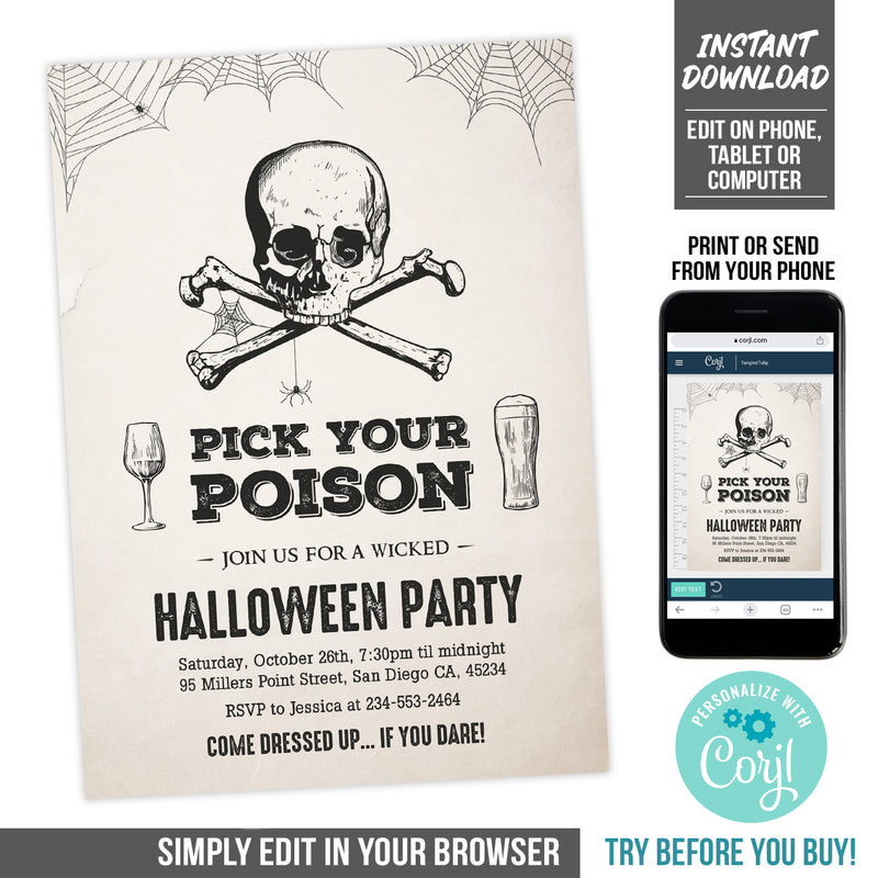 Editable Halloween Party Invitation Template - Pick Your Poison