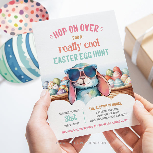 Cool Easter Egg Hunt Invitation with Easter Bunny in Sunglasses. Instant Download and Editable in Corjl. By Tangled Tulip Designs.