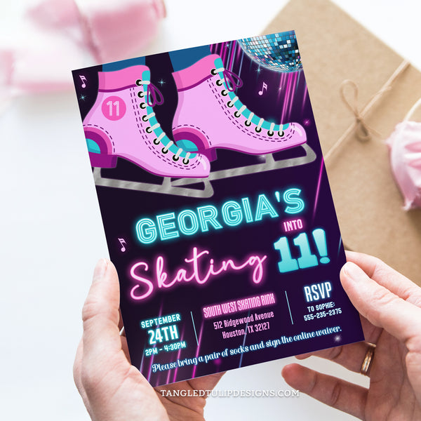 Editable Ice Skating Birthday Invitation, in a vibrant glow design, with ice skates and a glittering disco ball. For a girl who's skating in to the ultimate birthday celebration!