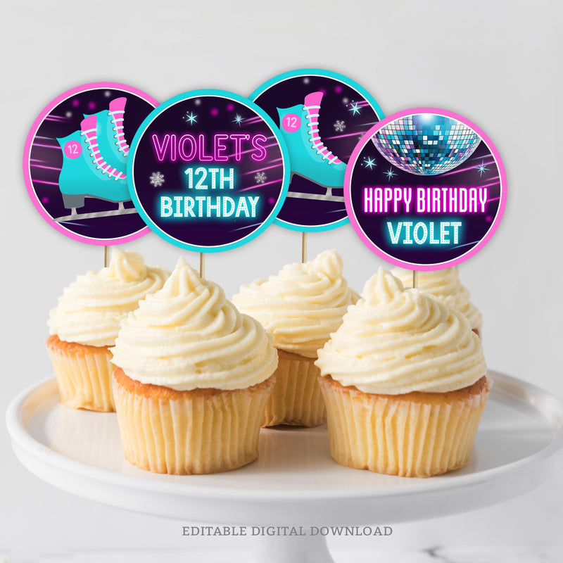 These neon glow Ice Skate party cupcake toppers feature ice skates, a sparkling glitter disco ball, and glitter silver snow flakes. Instant Download and Editable in Corjl. By Tangled Tulip Designs.