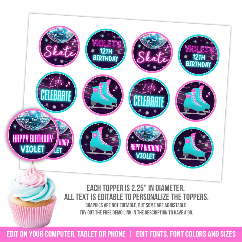 Editable Ice Skating Party Cupcake Toppers. Girls Ice Skate Cupcake Topper Template