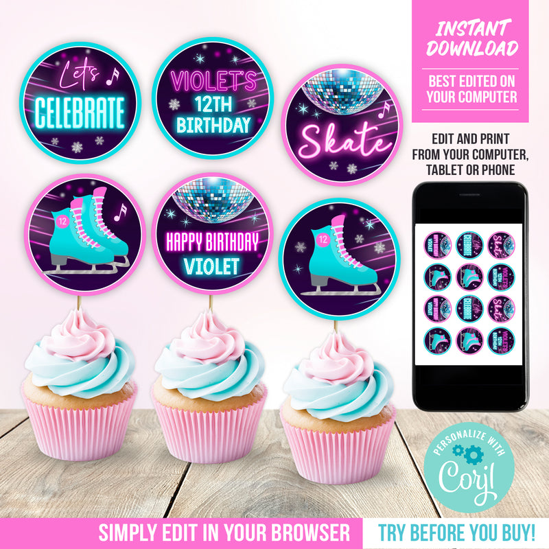 Editable Ice Skating Party Cupcake Toppers. Girls Ice Skate Cupcake Topper Template