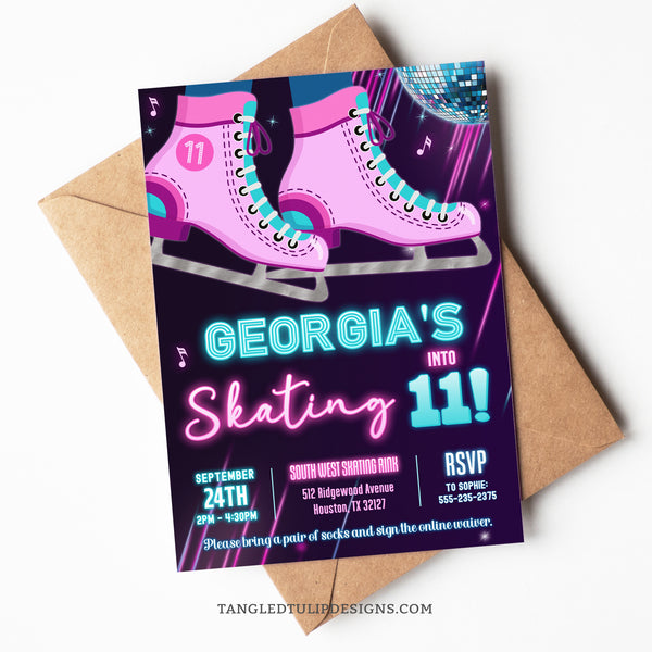 Editable Ice Skating Birthday Invitation, in a vibrant glow design, with ice skates and a glittering disco ball. For a girl who's skating in to the ultimate birthday celebration!