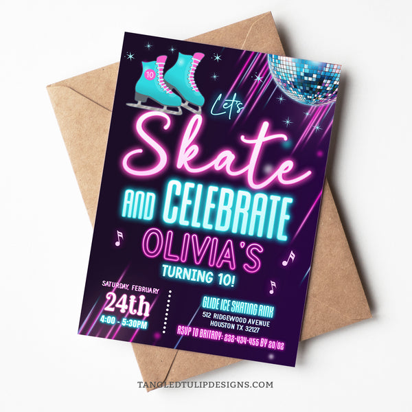 An Ice Skating Invitation for teen or tween girls, in a neon glow in the dark design, with ice skates and a disco glitter ball. Let's Skate and Celebrate her birthday party! Tangled Tulip Designs - Birthday Invitations