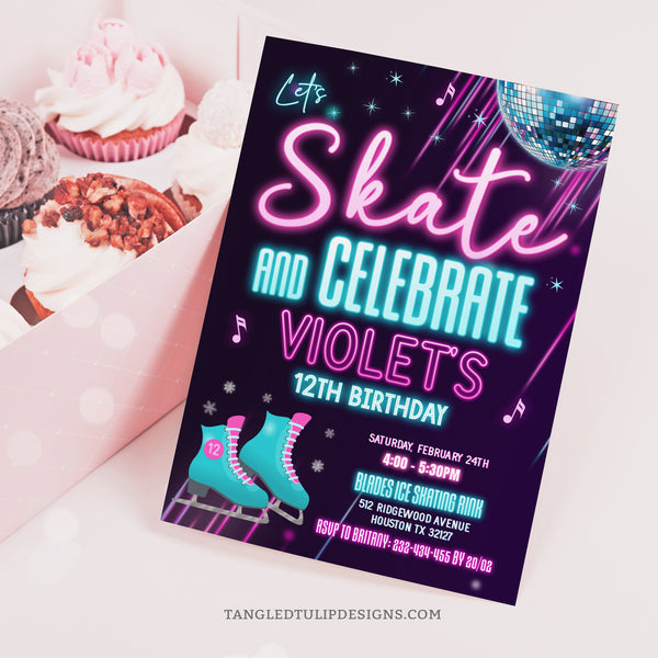 Editable Ice Skating Birthday Invitation, in a fun neon glow in the dark design, with ice skates and a disco glitter ball with sparkles. Let's Skate and Celebrate her Birthday! Tangled Tulip Designs - Birthday Invitations