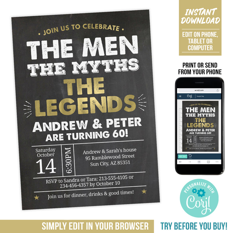 Joint Birthday Party Invite for Men. Men Myths Legends Invitation Template