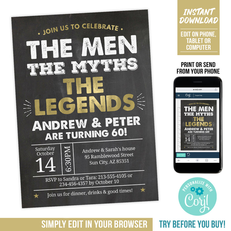 Editable Joint Birthday Party Invitation for Men. Men Myths Legends Party Digital Invite