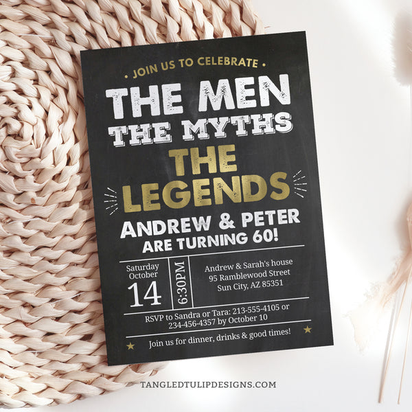 A joint Birthday invitation for men, in a The Men, The Myths, The Legends party theme. Gold and white on a classic chalkboard background. Suitable for any age. Template to Edit in Corjl. By Tangled Tulip Designs.
