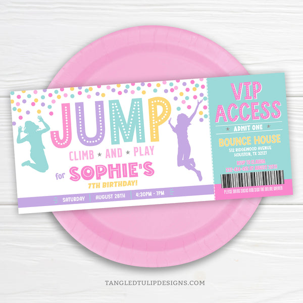 A Jump, Climb Play Birthday Invitation Ticket featuring girls jumping high and colorful balls flying around, setting the stage for a fun-filled party. Get ready for VIP access to the ultimate Jumping party!  Digital Template, edit in Corjl. By Tangled Tulip Designs.