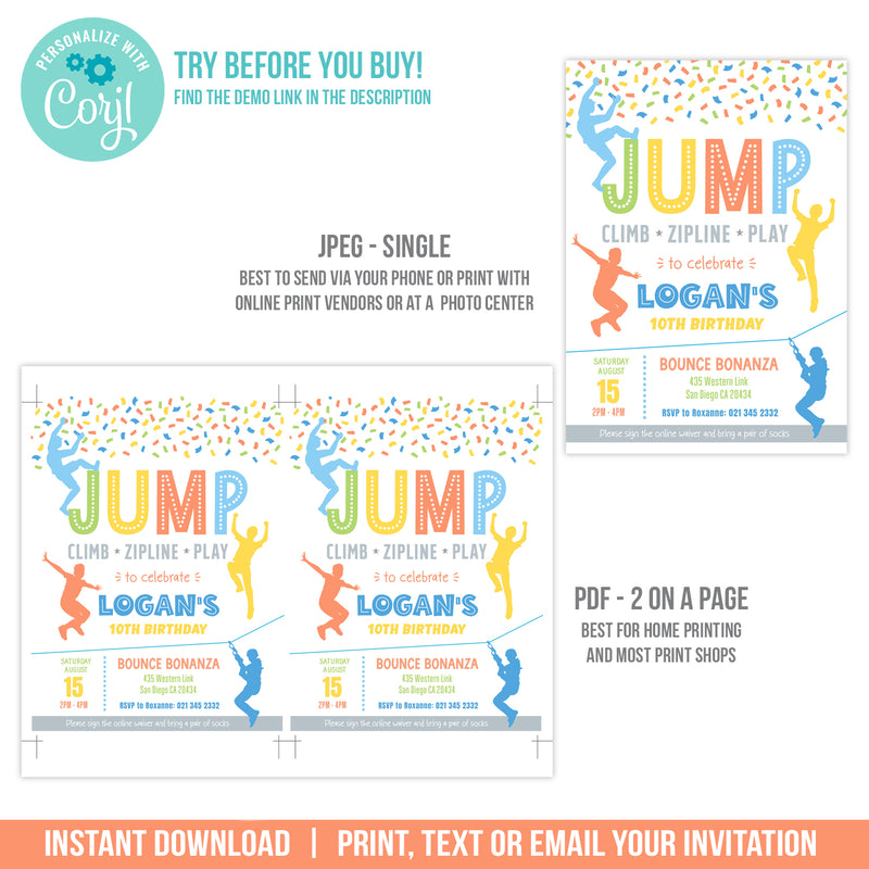 Jump Climb Zipline Play Birthday Invitation. EDITABLE Boys Jumping Bounce Party Invite JUM1