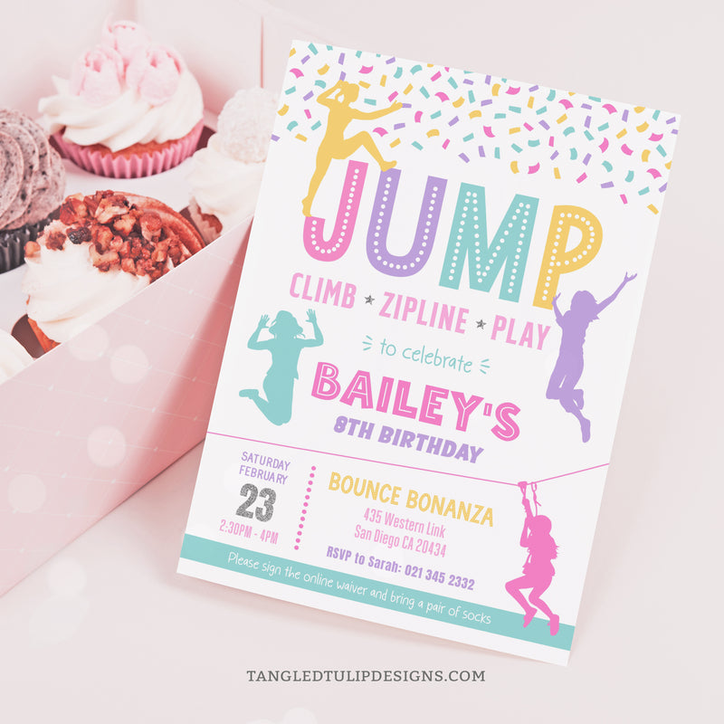 An editable party invitation for jumping, climbing, and ziplining fun! Featuring a delightful pastel color scheme, confetti, and climbers, jumpers, and girls ziplining, this invitation promises an action-packed party to remember. Tangled Tulip Designs - Birthday Invitations