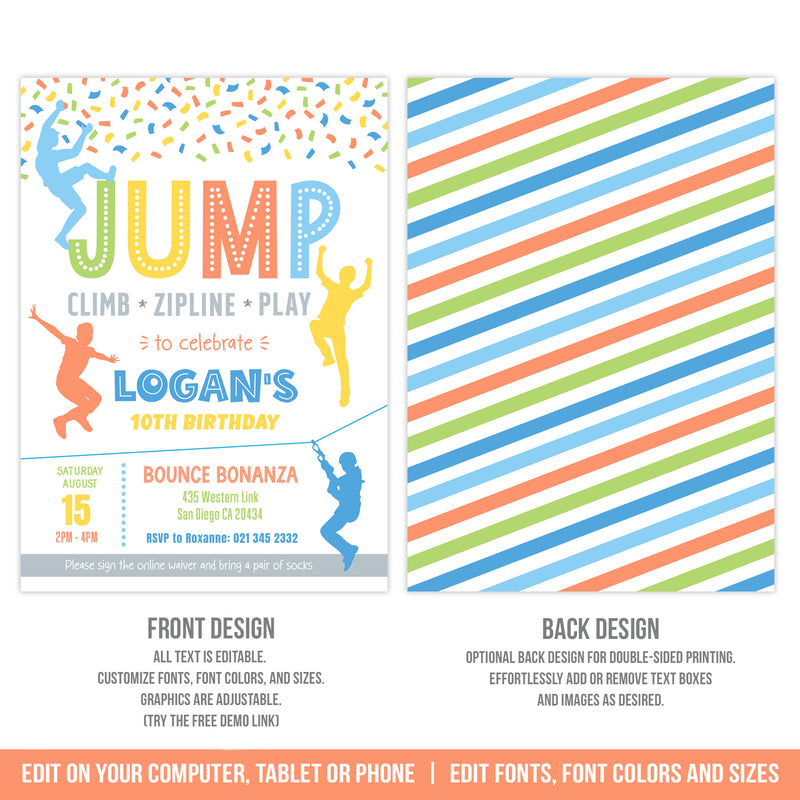 Jump Climb Zipline Play Birthday Invitation. EDITABLE Boys Jumping Bounce Party Invite JUM1