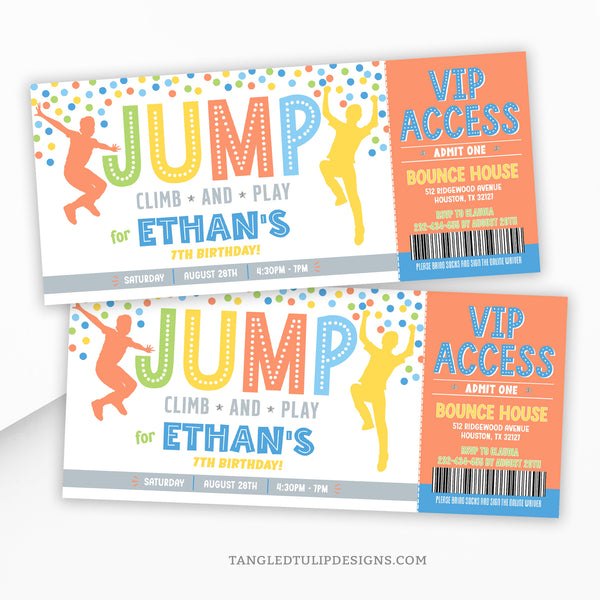 A Jump, Climb, Play Birthday Invitation Ticket featuring boys jumping high and colorful balls flying around, setting the stage for an action-packed jumping party! Get ready for VIP access to the ultimate celebration. Digital Template, edit in Corjl. By Tangled Tulip Designs.