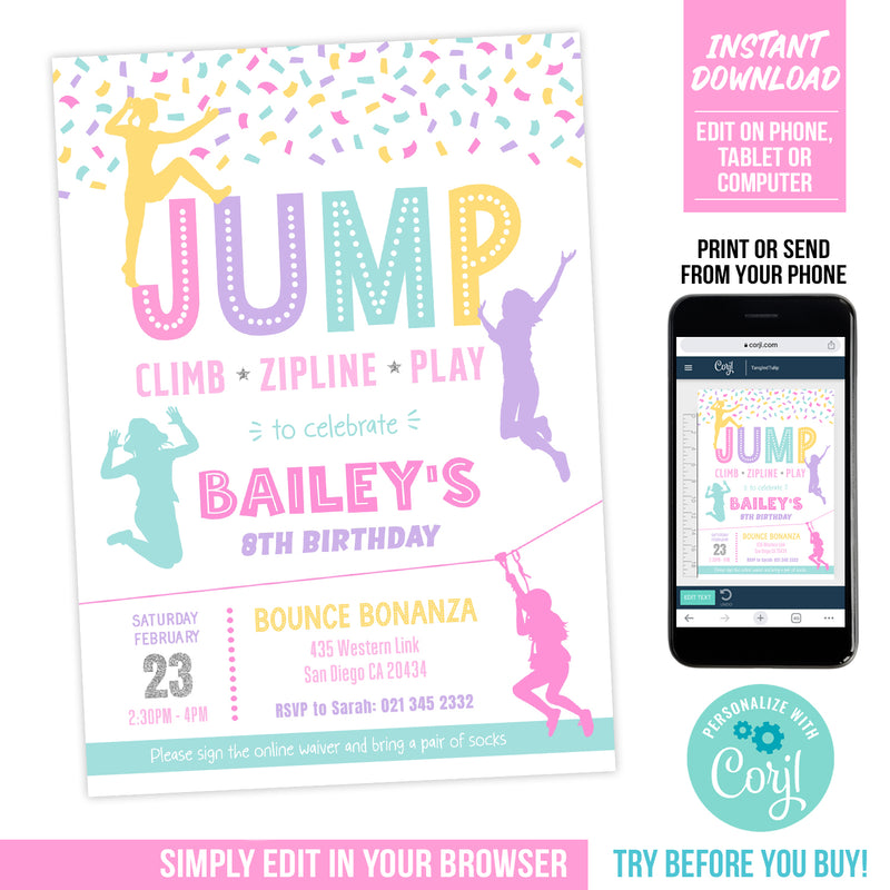 Jump Climb Zipline Play Birthday Invitation. EDITABLE Girls Jumping Bounce Party Invite in Pastels.  JUM1
