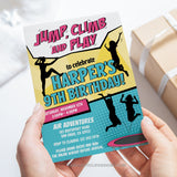 This editable Jump, Climb and Play birthday invitation is perfect for a bouncing trampoline and climbing party, and features girls jumping and climbing all over the invite. Tangled Tulip Designs - Birthday Invitations