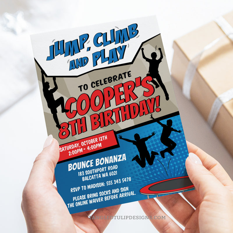 Jump, Climb & Play Birthday Invitation for a trampoline park and climbing birthday party. Featuring boys jumping and climbing all over the invitation, this party promises high-flying excitement! Tangled Tulip Designs - Birthday Invitations