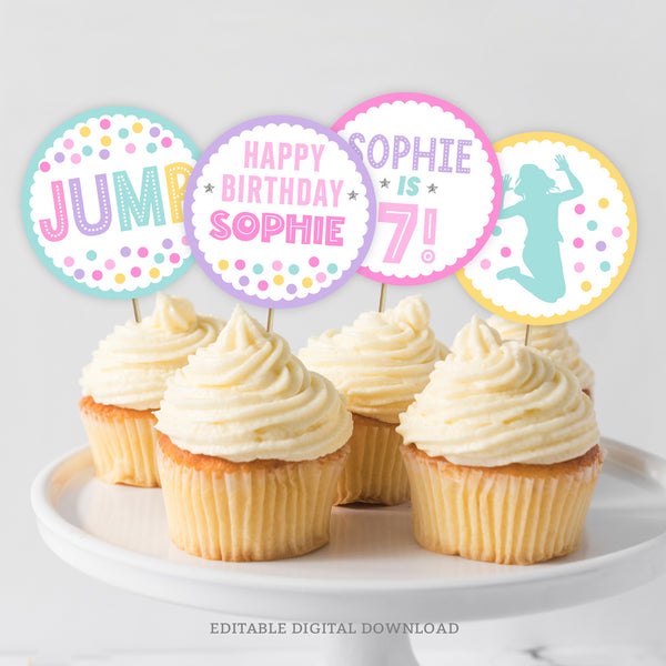 Get ready to Jump, Climb and Play with these colorful cupcake toppers! They feature girls jumping amongst brightly colored balls, and personalized birthday phrases. Digital Template, edit in Corjl. By Tangled Tulip Designs.