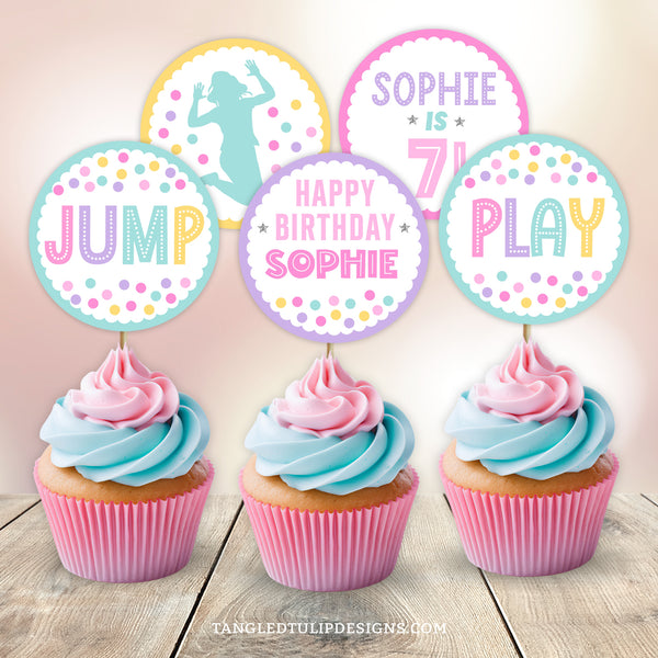 Get ready to Jump, Climb and Play with these colorful cupcake toppers! They feature girls jumping amongst brightly colored balls, and personalized birthday phrases. Digital Template, edit in Corjl. By Tangled Tulip Designs.