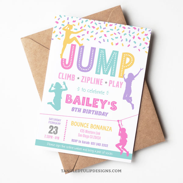 An editable party invitation for jumping, climbing, and ziplining fun! Featuring a delightful pastel color scheme, confetti, and climbers, jumpers, and girls ziplining, this invitation promises an action-packed party to remember. Tangled Tulip Designs - Birthday Invitations