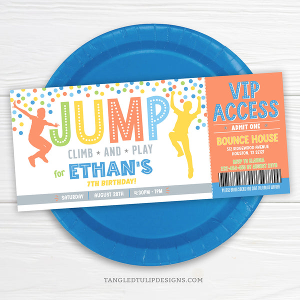 A Jump, Climb, Play Birthday Invitation Ticket featuring boys jumping high and colorful balls flying around, setting the stage for an action-packed jumping party! Get ready for VIP access to the ultimate celebration. Digital Template, edit in Corjl. By Tangled Tulip Designs.