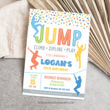 An editable party invitation for jumping, climbing, and ziplining fun! Featuring climbers, jumpers, and a boy ziplining, this invitation promises an action-packed party. Tangled Tulip Designs - Birthday Invitations