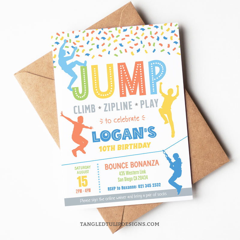 An editable party invitation for jumping, climbing, and ziplining fun! Featuring climbers, jumpers, and a boy ziplining, this invitation promises an action-packed party. Tangled Tulip Designs - Birthday Invitations