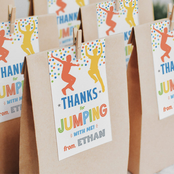 Say "Thanks for Jumping" with these fun Jump party favor tags. Featuring boys jumping high and colorful balls flying around, these editable tags add the perfect personal touch to your Jump birthday party favors. Digital Template, edit in Corjl. By Tangled Tulip Designs.