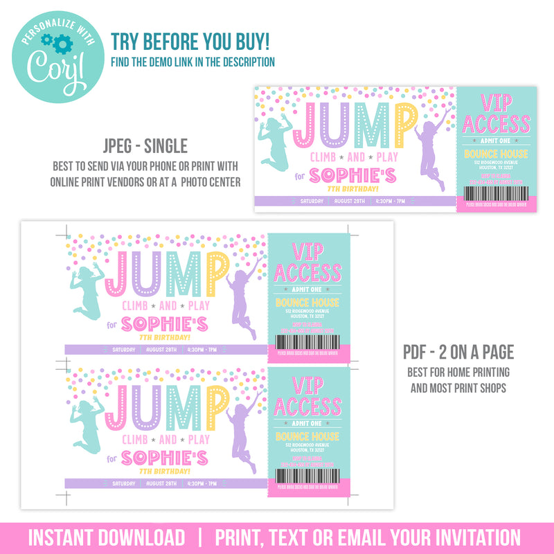 Jump Birthday Invitation Ticket Girls, Jump, Climb and Play Party Invite