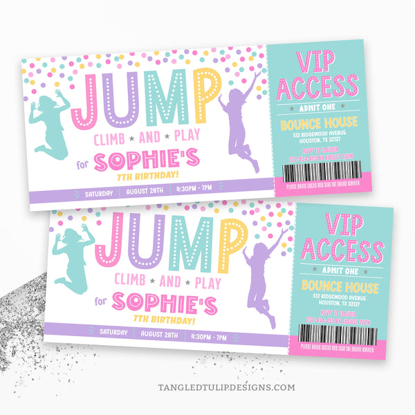 A Jump, Climb Play Birthday Invitation Ticket featuring girls jumping high and colorful balls flying around, setting the stage for a fun-filled party. Get ready for VIP access to the ultimate Jumping party!  Digital Template, edit in Corjl. By Tangled Tulip Designs.