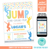 Jump Climb Zipline Play Birthday Invitation. EDITABLE Boys Jumping Bounce Party Invite JUM1