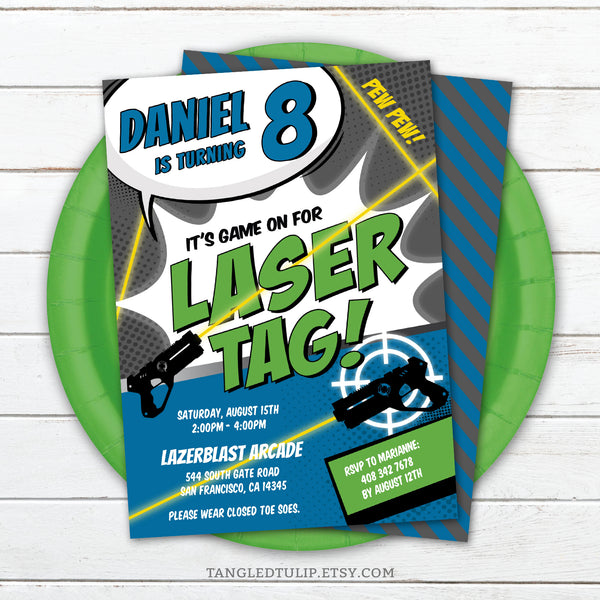 A Laser Tag birthday invitation template for a boy laser tag party. In a comic style design with laser tag guns shooting bright lasers. Pew Pew! Invitation template to edit in Corjl. By Tangled Tulip Designs.