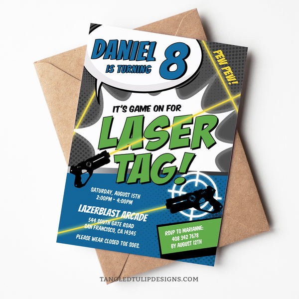 A Laser Tag birthday invitation template for a boy laser tag party. In a comic style design with laser tag guns shooting bright lasers. Pew Pew! Invitation template to edit in Corjl. By Tangled Tulip Designs.