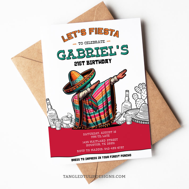 This Mexican Fiesta 21st Birthday Invitation features a man dabbing in his poncho, surrounded by an iconic Mexican party with tequila, nachos, tacos, and sombrero. Customize for a 21st Birthday party or ANY AGE! Tangled Tulip Designs - Birthday Invitations